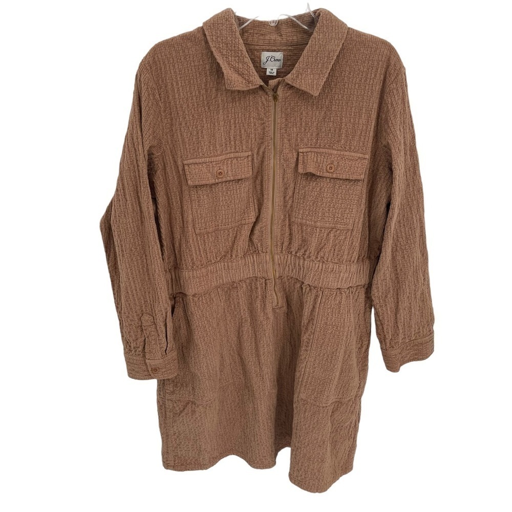 J. Crew Zip-Front Cinched Dress Corduroy Tan Sz 18 Women’s Long Sleeves